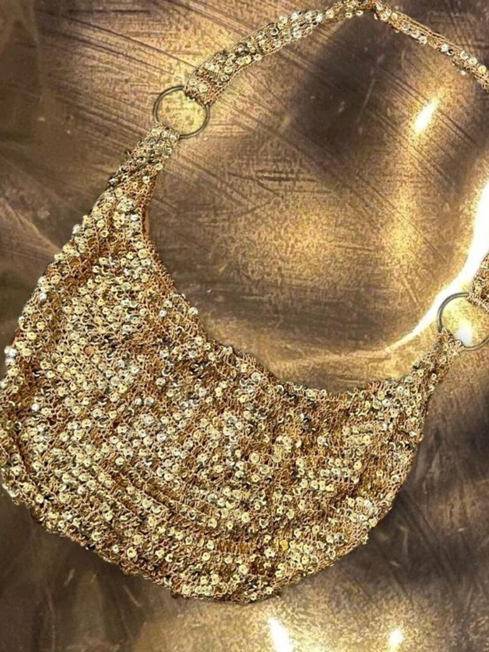 Sparkly gold sequin hobo bag with o rings ⭐️ incredible vintage bling festival b